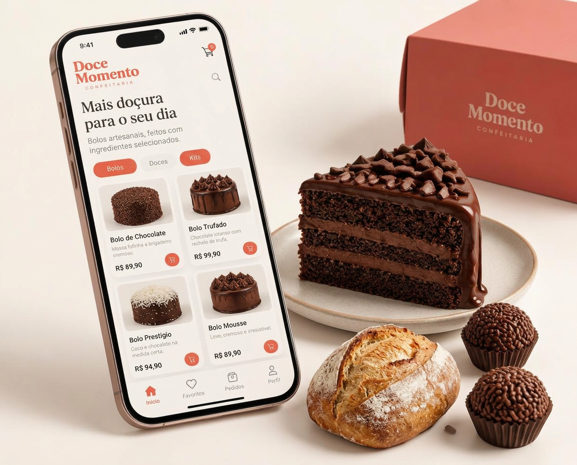 Celular mostrando uma loja de bolos criada no Quintal de Vendas